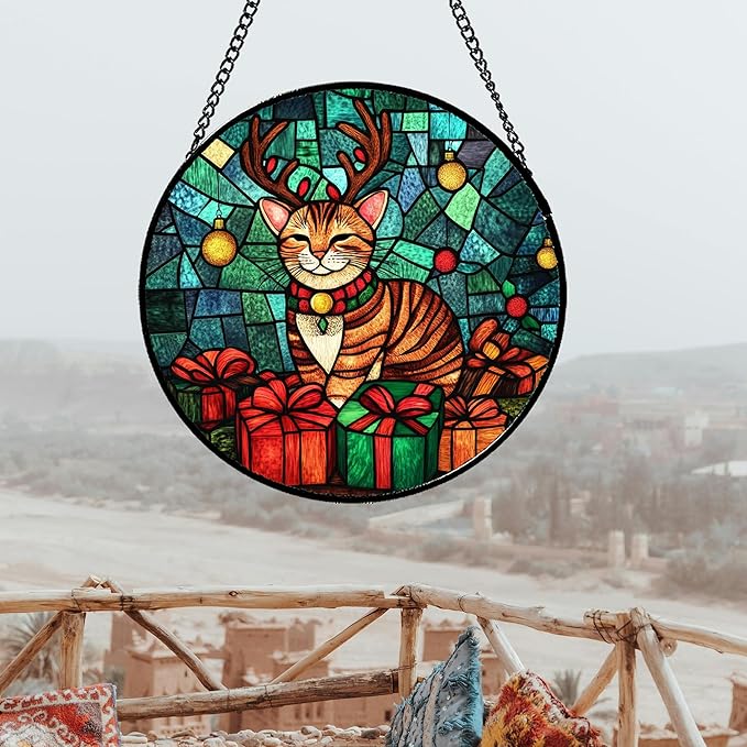 Stained Glass Window Hanging Cat with Elk Antlers Large 15" - Suncatcher Door Garden Sun Catcher Home Decor Birthday Christmas for Lost Pets Mom Men Woman Nana