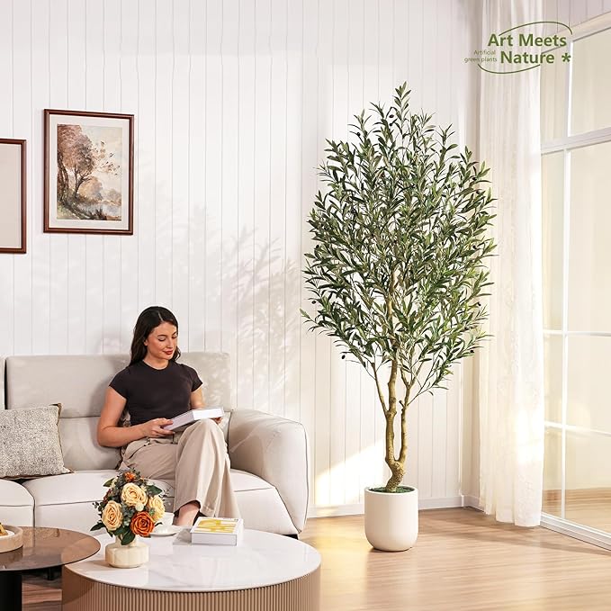 VeriNatural Artificial Olive Tree 7FT Tall, Faux Plants Indoor - Fake Plant with Lifelike Leaves,White Planter - Large Fake Olive Trees for Home Living Room Office Bedroom Floor Decor