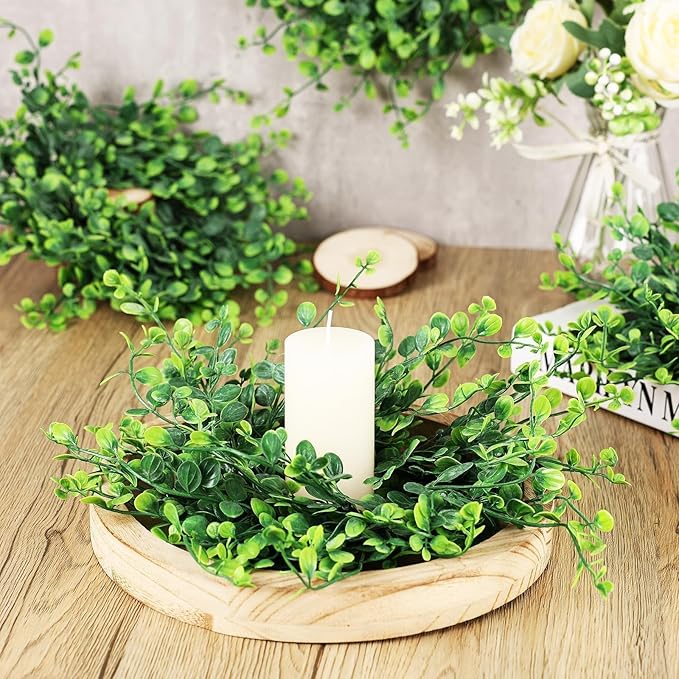 12 Pcs Mini Green Boxwood Candle Rings Wreaths Spring Summer Kitchen Cabinet Swags Wreath 3 Inch Wedding Rings Wreaths Pillar Candle Holder for Wedding Home Door Tabletop Decor (12, Green Boxwood)
