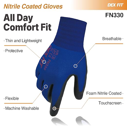 DEX FIT Nitrile Work Gloves FN330, 3D-Comfort Stretchy Fit, Firm Grip, Thin & Lightweight, Touch-Screen Compatible, Durable, Breathable & Cool, Machine Washable; Blue L (9)
