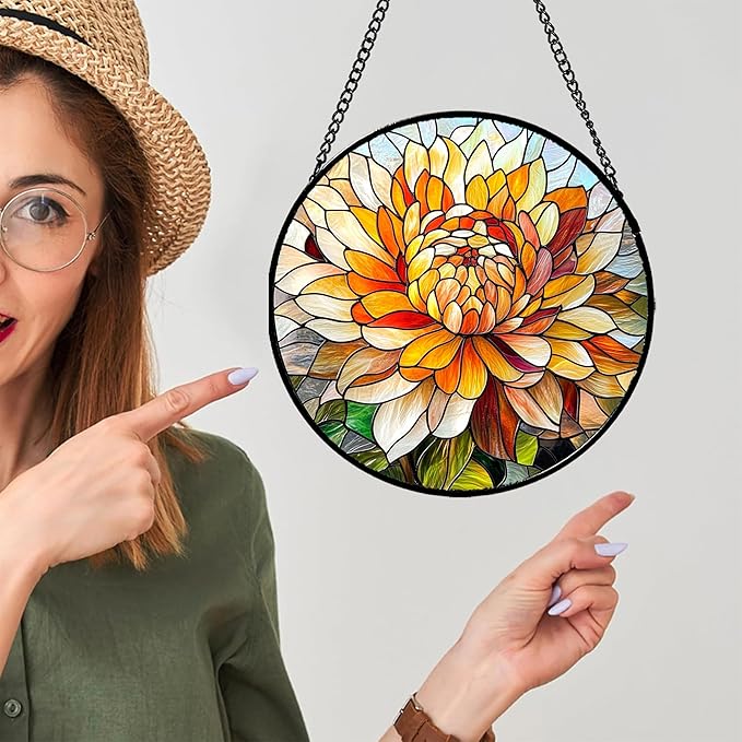 Stained Glass Window Hanging - Chrysanthemum Suncatcher for Doors Garden Patio Birth Flowers Sun Catchers Decor Christmas Mother's Day Birthday Gifts for Women Men Mom Nana Friend 9.8 in