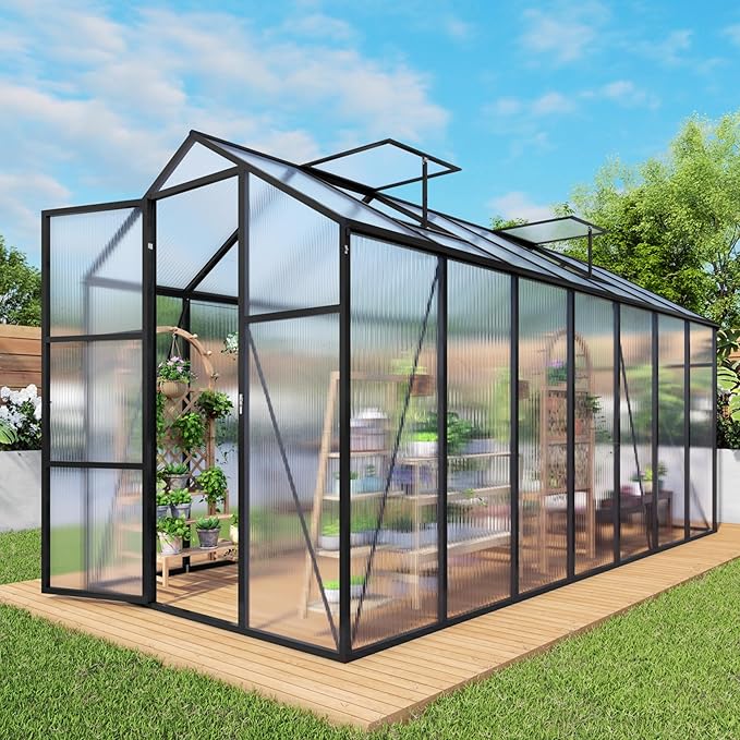 6x14x7 FT Greenhouse, Polycarbonate Greenhouse for Outdoors with Stronger Wind Protection and Roof Vent, Walk-in Large Aluminum Sunroom Winter Proof, Black