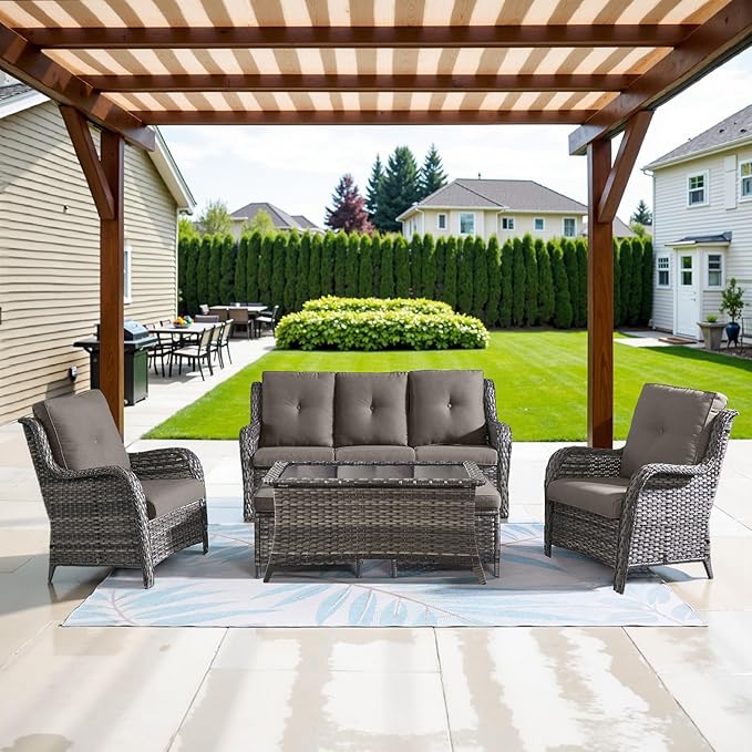 Belord Patio Wicker Sofa Set 6 Pieces Patio Furniture Set Outdoor Couch, 2 Patio Wicker Chairs with 1 Sofa, Coffee Table and Ottomans, Patio Conversation Set for Porch Garden Deck Balcony Poolside