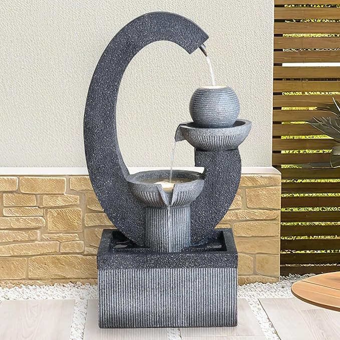 Qingyinge 31'' H Modern Outdoor Fountain Resin Outdoor Garden Fountains with Contemporary Design LED Light for Garden, Patio, Deck, Porch, Backyard and Home Art Decor