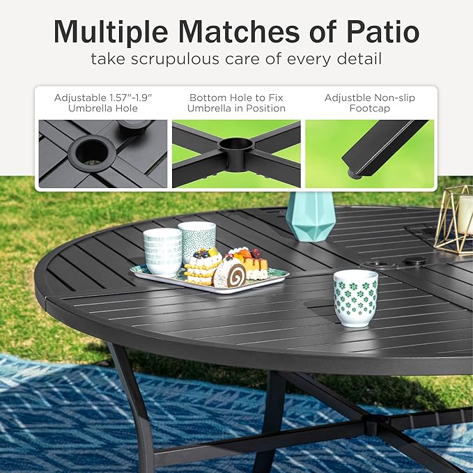 PHI VILLA 7 Pieces Outdoor Patio Dining Set for 6, 54”Round Black Metal Steel Table with Umbrella Hole & Stacking Wrought Iron Chairs, Modern Outside Furniture for Deck, Yard, Porch