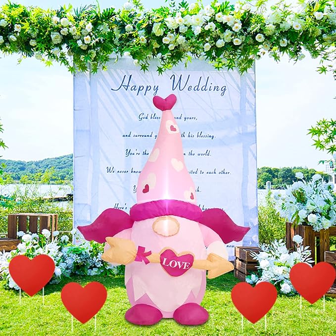 Juegoal Valentine Inflatable Cupid Gnome, Lighted Blow Up Pink Swedish Gnomes with Arrow, Indoor Outdoor Valentines Wedding Xmas Decor, Built in LED Light Up Holiday Lawn Yard Garden Decorations