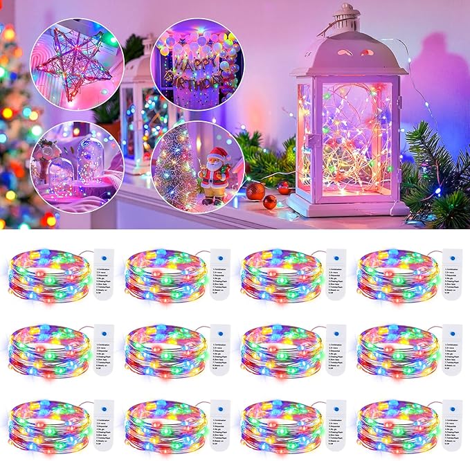 Minetom 12 Pack Fairy Lights Battery Operated String Lights 8 Modes, 7ft 20LED Multicolor Waterproof Silver Wire Twinkle Lights, Firefly Starry Moon Lights for Mason Jars DIY Christmas Wedding Party