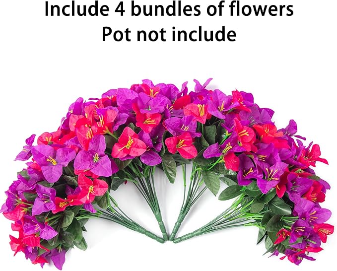 Artificial Fake Flowers for Outdoors Bougainvillea Spring Summer Outside Decor, 4 Bundles Realistic Silk Flower Plants UV Resistant Faux Flowers for Outdoor Planters Patio Porch Window Garden Home
