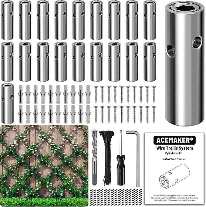 Acemaker Wire Trellis for Climbing Plants Outdoor, 20-Set Wall Wire Trellis Kit, T316 Cylindrical Espalier System for Fence and Garden DIY Projects (Hubs Only, Without Cable)