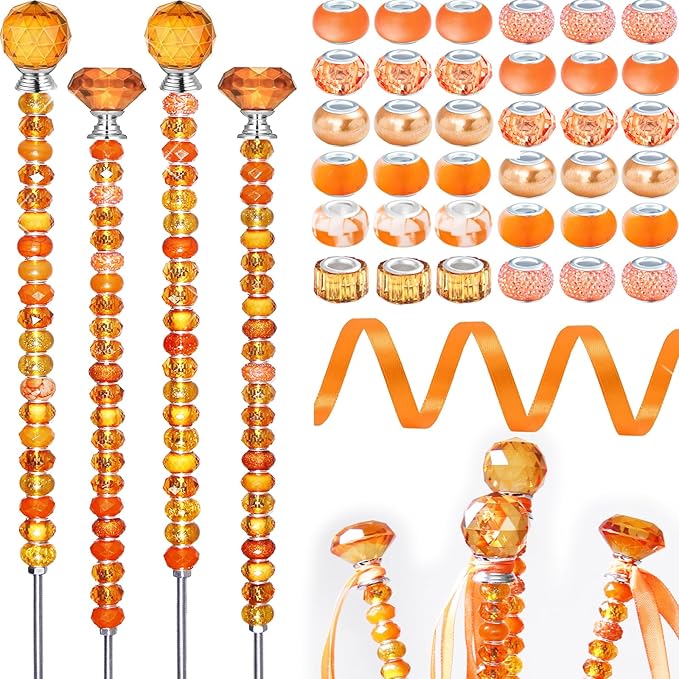 119 Pcs Garden Stake DIY Fairy Wand Plant Stake with Orange Large Hole Beads Crystal Diamond Stopper Top 4 Stainless Steel Threaded Rod Beaded Garden Stakes for Outdoor Indoor Yard Patio Decorations