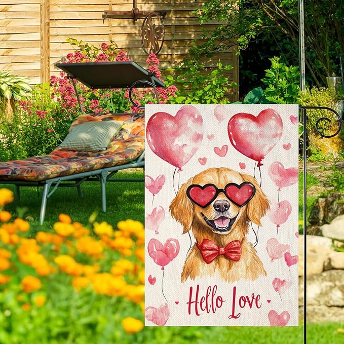 Valentine's Day Golden Retriever Hello Love Garden Flag, House Yard Plaid Love Heart Outside Decoration, Spring Holiday Wedding Anniversary Outdoor Small Decor 12x18(12627)