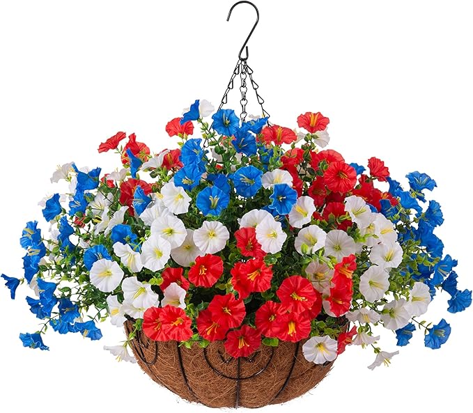 Ammyoo Artificial Fake Hanging Flowers with Basket for Outdoors, Faux Petunias Flowers Fake Hanging Plants with Eucalyptus Realistic UV Resistant for Outside Patio Garden Porch Balcony Yard Decor