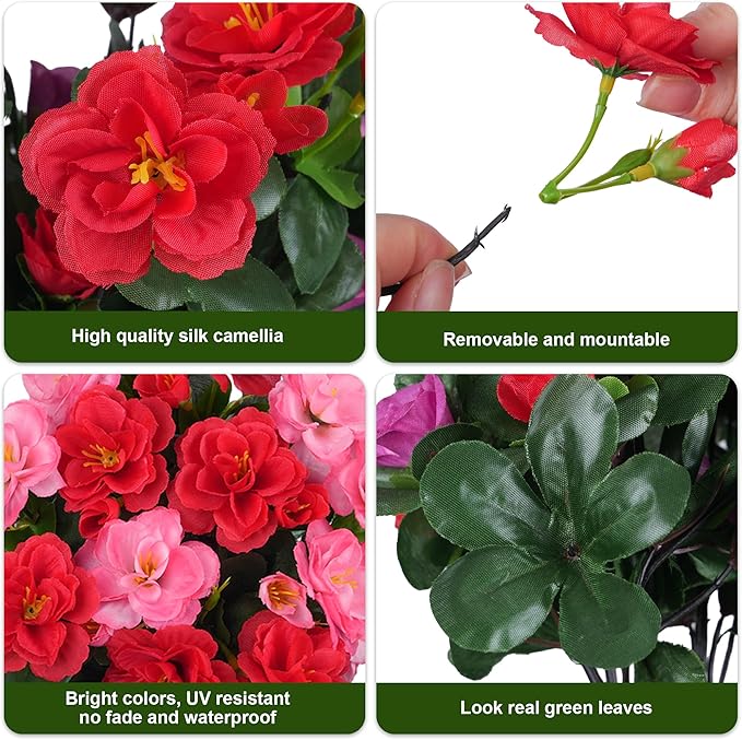 Artificial Fake Outdoor Flowers Plants, Faux Silk Camellia Bundles UV Resistant No Fade Realistic for Planter Pot, Outside Porch Patio Balcony Garden Yard Home Decoration, 3 Large Bundles(Melon Red)