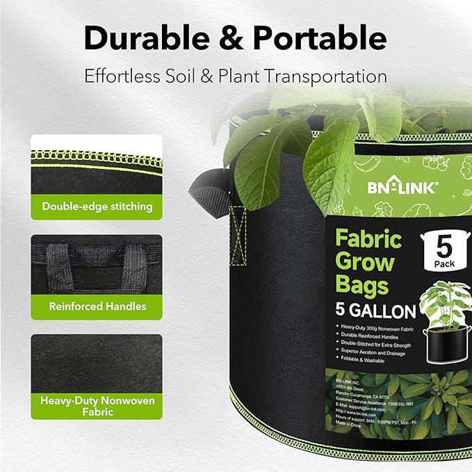 BN-LINK 5-Pack 5 Gallon Grow Bags, Heavy Duty Aeration Fabric Pots with Handles, Thickened Nonwoven Plant Bags for Vegetables, Flowers, Fruits