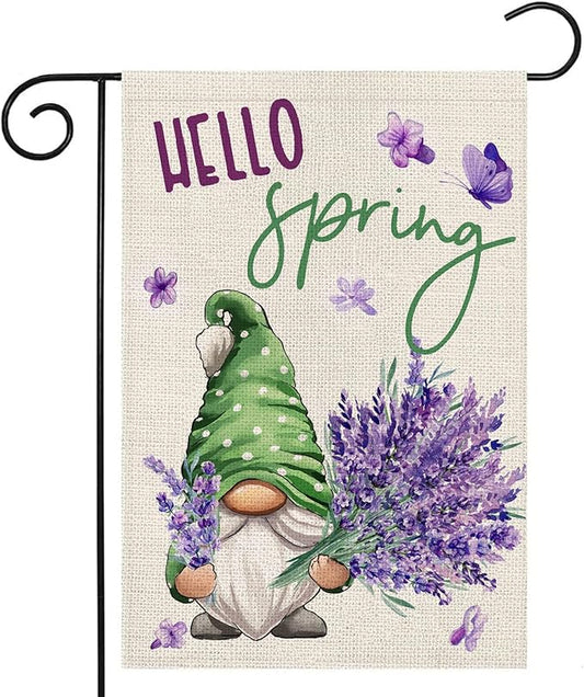 Hello Spring Garden Flag for Outside 12x18 Double Sided,Gnome with Lavender Flowers Small Yard Flag, Summer Seasonal Decors for Outdoor Anniversary Wedding Farmhouse Holiday