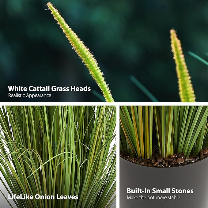 KOL 3ft 2-Pack Artificial Cattail Reed Grass, 35in Artificial Indoor Outdoor Fake Onion Grass Plant, Home Office Decorative Artificial Plants in Pot Faux Plant Greenery, Housewarming Gift, Green