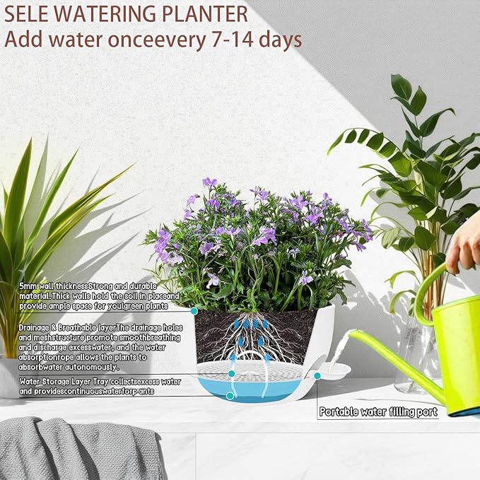 zople 2 Pack 12 Inch Large Hanging Planters with Chains Self Watering White Plastic Hanging Pots for Indoor Outdoor Plants, Garden Porch Home Decor，White