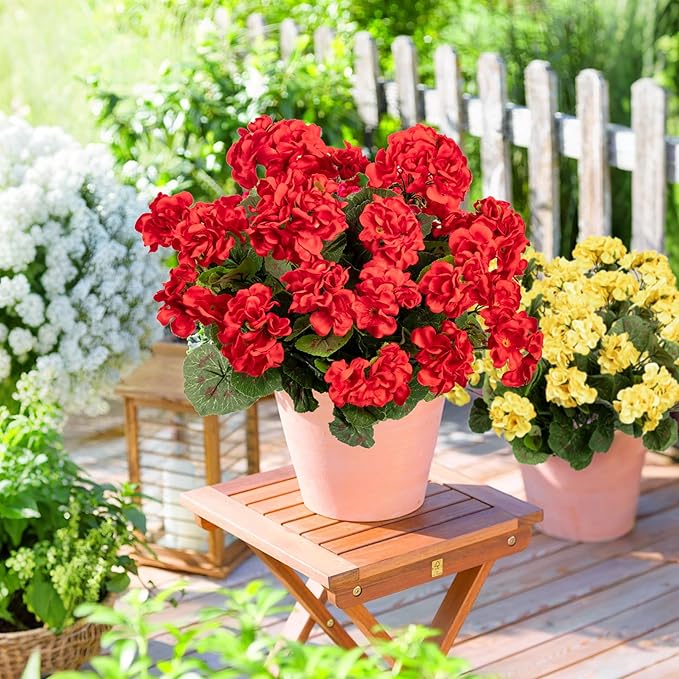 Uqueeten Artificial Flowers for Outdoors Artificial Geranium,8PCS Fake Flower Geranium Artificial Plant Home Decor,Silk Geraniums Artificial Flowers Realistic Outdoor Flower Decoration (Red) 14.4"