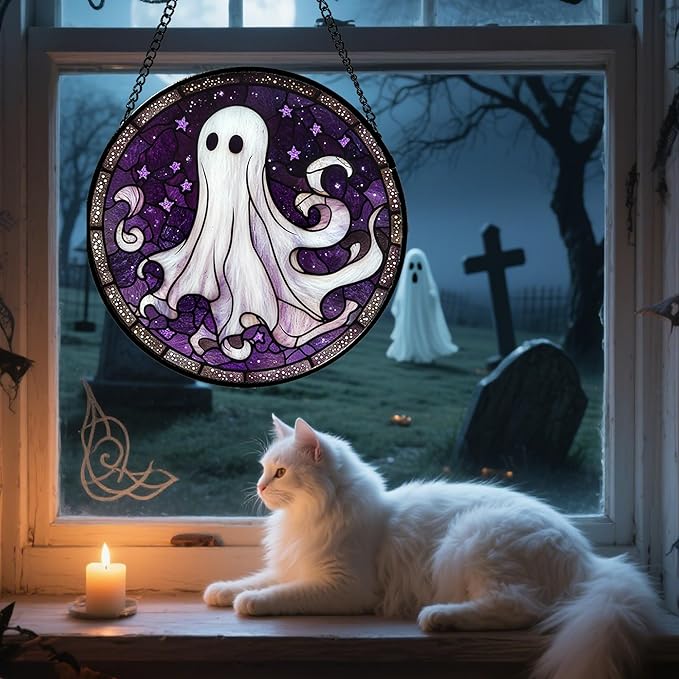 DASTOLL Stained Glass Window Hanging - Halloween Decorations White Ghost Purple Stars Suncatcher for Doors Garden Spooky Funny Sun Catchers Gothic Decor Horror Gifts for Women Men Friend 7.8 in