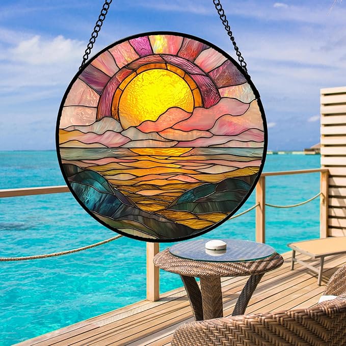 DASTOLL Stained Glass Window Hanging, Sunrise Over The Sea Suncatcher Diamond Glass Panel Hangings Abstract Sun Catchers Decor for Birthday for Women, Men, Wife, Aunt, and Mom 14.9 in