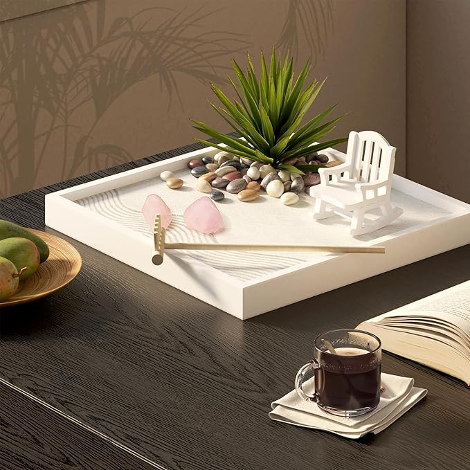 Cularve Zen Garden for Desk – White Modern Style with Healing Crystals and Sand Rake, Perfect for Home, Office, and Desktop Decor, Meditation and Stress Relief
