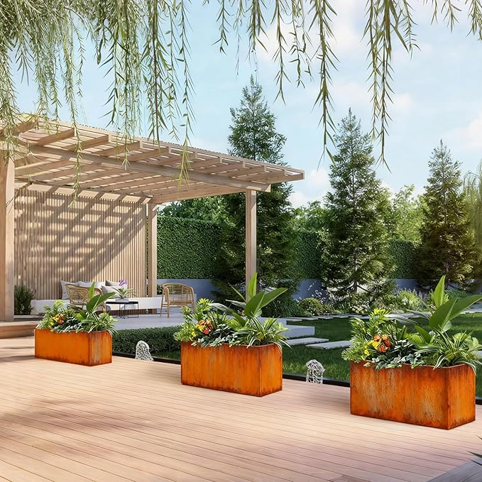 GZGNEEVL Corten Steel Planter Box Metal Outdoor Large Rectangular Rustic Durable Antique Detached for Commercial Residential Patio Deck and Backyard 24" x 12" x 12"