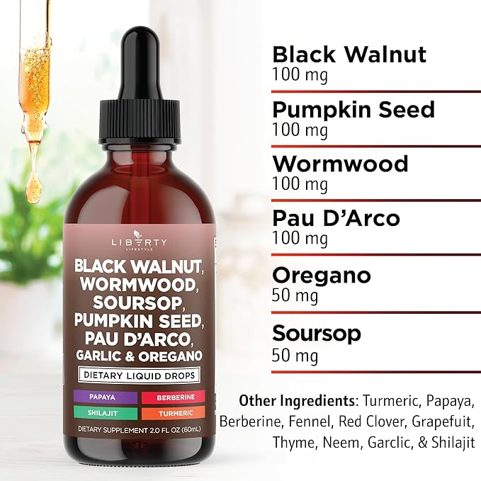 Defend Wormwood Black Walnut Cleanse for Humans Drops Liquid Soursop Garlic Pumpkin Seed PAU D'Arco Oil of Oregano Turmeric Berberine Neem Extract Hull Bark Tincture - 2 OZ