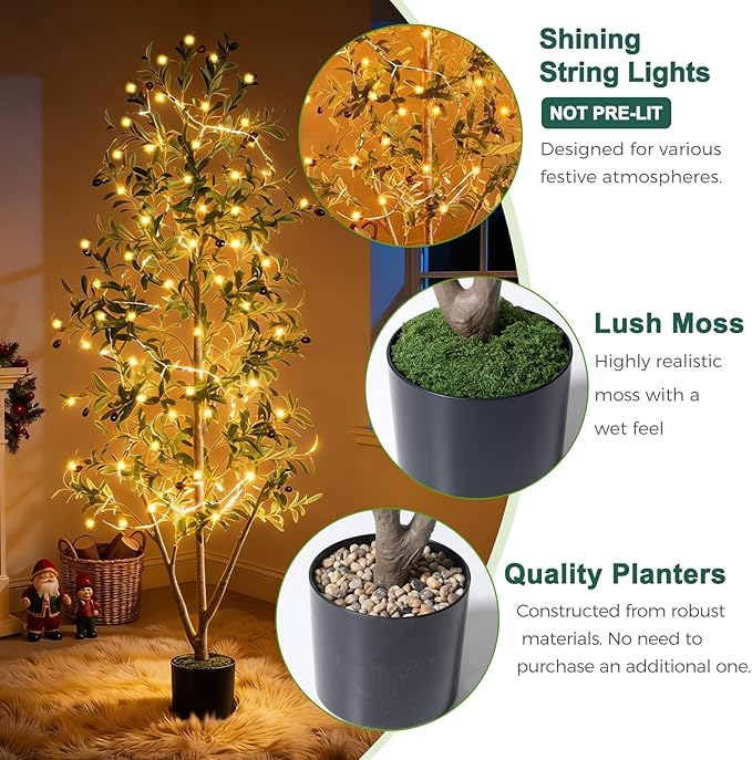 Olive Trees Artificial Indoor, 6FT Tall Faux Olive Tree with Moss and Planter, Artificial Plants Indoor with Natural Wood Trunk and Lifelike Fruits, Fake Tree for Home Office Living Room Decor