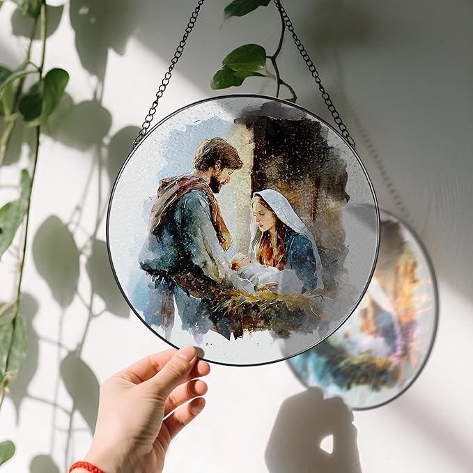 Stained Glass Suncatcher, Sun Catcher Window Indoor, Religious Ornament; Stained Glass Window Hanging, Nativity Scene Christmas Decor, Christian Home Decor; Christian Gifts, Religious Gifts