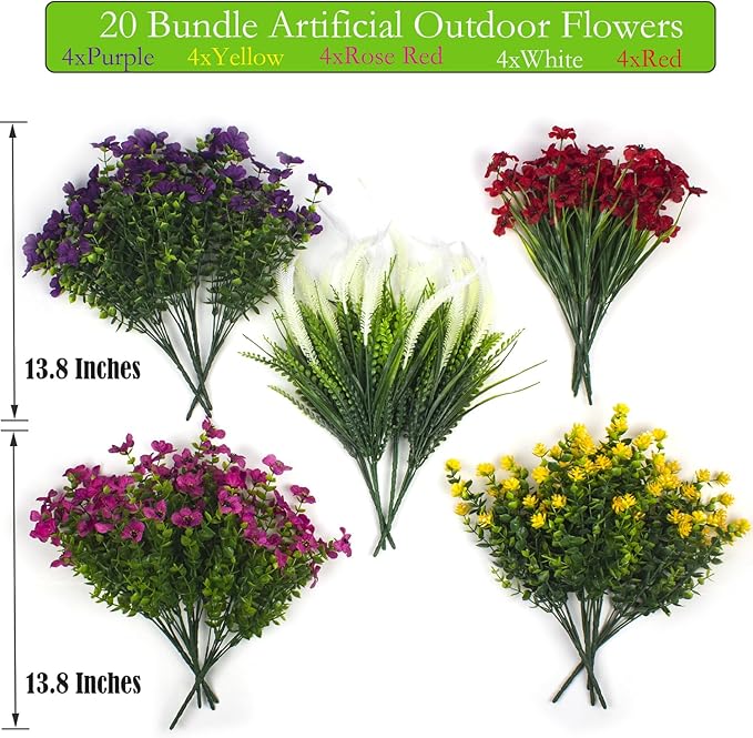 Lifelike Artificial Flowers Outdoor UV Resistant, 20-Pack Weatherproof Fade-Resistant Fake Hanging Plants for Garden Porch Decor - Realistic Mixed Colors in Hanging Baskets (Outdoor Use Verified)