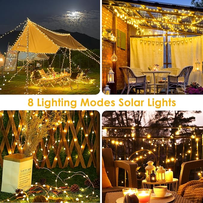 2-Pack Solar String Lights for Outside, Total 200LED Solar Fairy Lights Waterproof, Outdoor Twinkle Lights Copper Wire 8 Modes Solar Powered Lights for Xmas Tree Garden Party Wedding Decor(Warm White)
