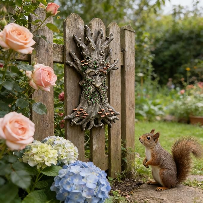 Tree Spirit Garden Sculpture, Super Bowl Party Decor Valentine‘s Day Gift Decorative Tree Face with Mushrooms and Leaves, Outdoor Art Decor.