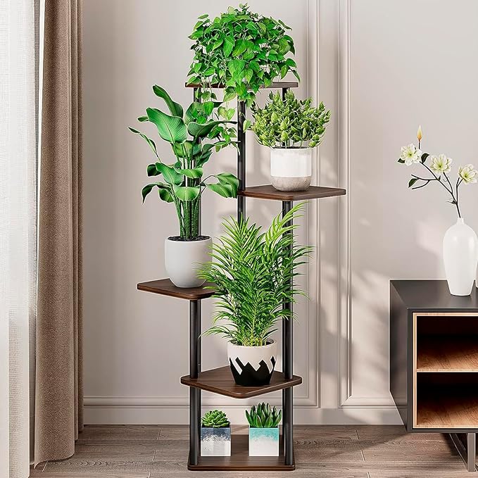YOCOMEY 5 Tier Wood Tall Plant Stand Metal Rack Indoor, Multiple Flower Pot Holder Shelves Corner Rack, Planter Shelf Display Rack Storage Organizer for Patio Living Room Balcony Garden(Black Oak)