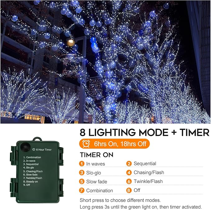Battery Operated Christmas Lights, 10FT 100 Micro LEDs Fairy Lights with 8 Modes and Timer, Green Copper Wire for Indoor Outdoor Christmas Tree Wreath Garland Garden Party,Cool White