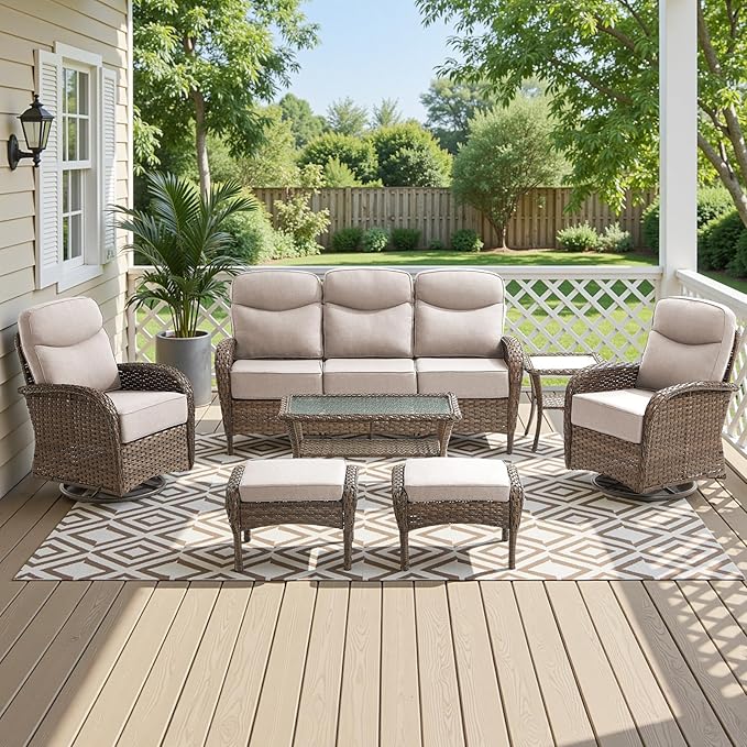 High Back Luxury Patio Furniture Set with 6-inch Thick Cushion, Swivel Rocker Patio Chairs with Outdoor Couch, 7 Piece Wicker Conversation Set for Deck Yard Garden Balcony Beige