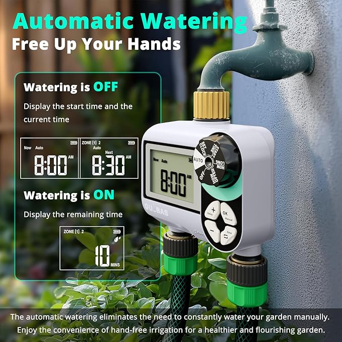 [2 Pack] QUOBAS 2 Zone Water Timer for Garden Hose, Automatic Sprinkler Timer with Dual Outlets, Heavy Duty Brass Fittings, Leak-Free, Programmable, for Lawn Watering and Drip Irrigation System
