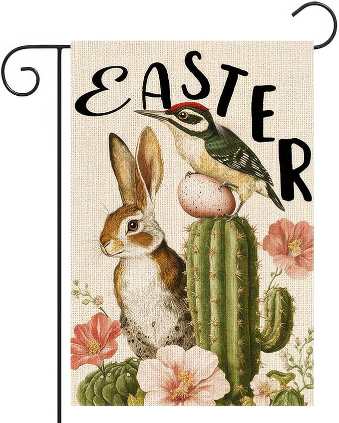 Easter Garden Flag 12x18 Inch Double Sided Spring Bunny Garden Flags Bird Cactus Yard Flag for Spring Easter Decor Porch Farmhouse Outdoor Outside Decortion