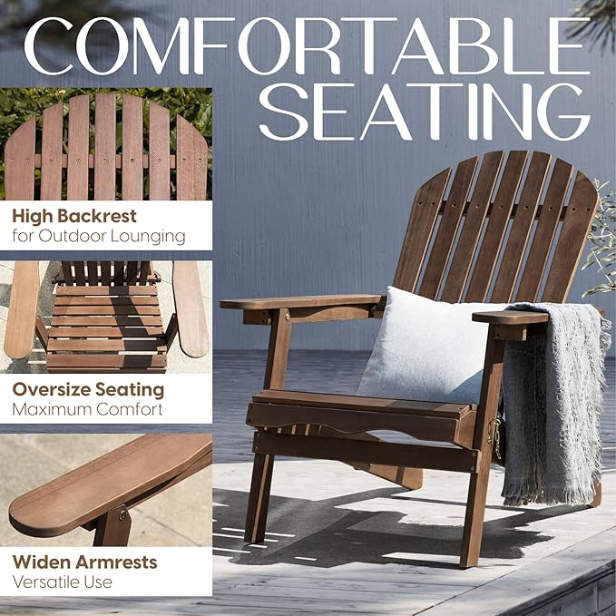 Idzo Outdoor Wooden Folding Adirondack Chair Set of 2 with Pre-Assembled BackRest, Wood Patio Chair for Garden Backyard Porch Pool Deck Firepit