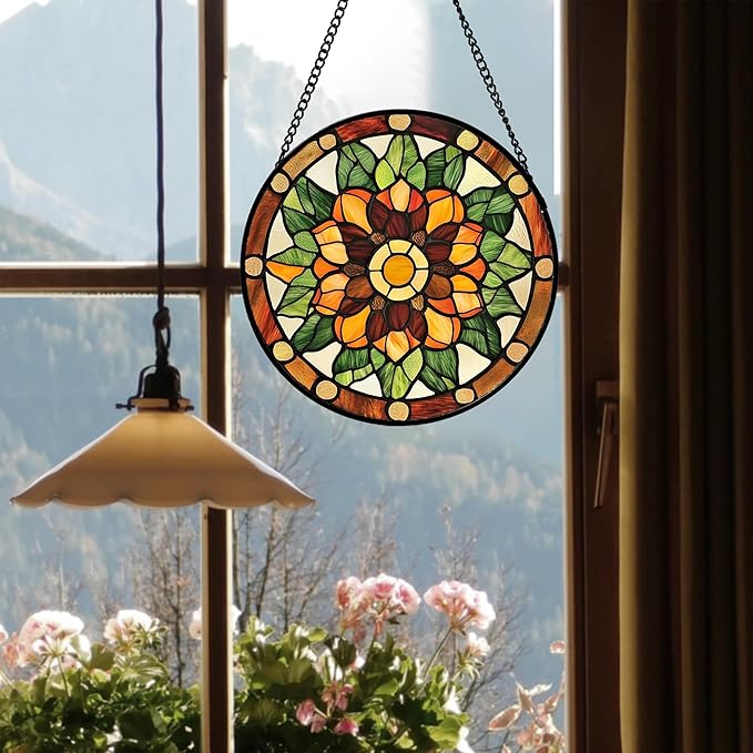 AMDERVEN Stained Glass Window Hanging - Yellow Green Boho Style Flowers Sun Catcher for Door Garden Home Decor Suncatcher Christmas Mother's Day Birthday Gifts for Women Mom Girl Nana Friend 11.8 in
