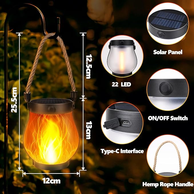 Solar Flame Lantern Hanging Outdoor Waterproof - 2 Pack Flame Lanterns with Dual Charging Modes of Solar & USB for Garden or Yard Christmas Decorations (Warm White - 2 Pack)