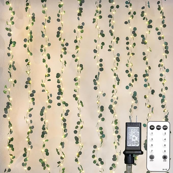 suddus 200 LED Vine with Light Plug in, 6.5ft x 6.5ft Eucalyptus Fairy Curtain Lights with Remote, Leaf Fairy Lights for Wall,Bedroom, Dorm, Wedding, Party, Indoor Decor(Warm White)