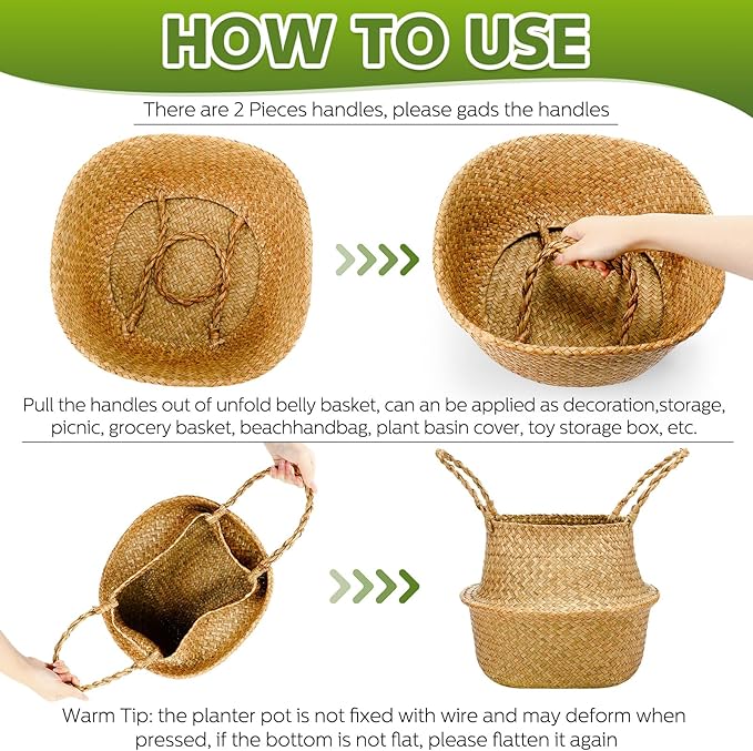 Qunclay 8 Pcs Woven Seagrass Baskets Belly Basket Folding Boho Natural Plant Pot with Handles Round Decorative Wicker Large Indoor Planter for Home Outdoor Tree Planters Decor (L,13''dx11''h)