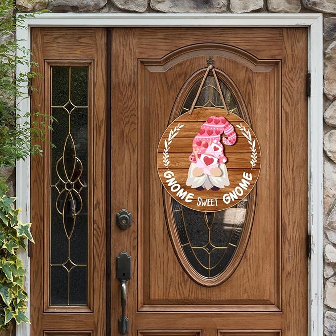 Interchangeable Gnome Welcome Sign Valentine's Day Door Decorations, Changeable Seasonal Front Porch Decor Wood Wreath Gnomes Gifts for Spring Summer Fall Winter All Seasons Holiday, Light Brown