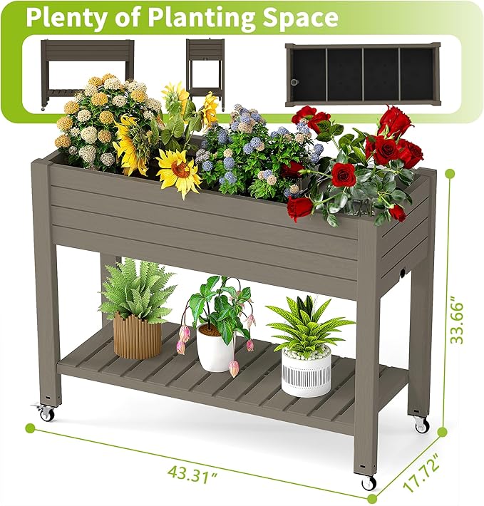 Raised Garden Bed with Legs, 33.66" Tall Self-Watering Resin Planter Box with Lockable Wheels Drainage Plug and Gauge for Vegetables, Flowers, Storage Shelf for Tools and Accessories (Grey)