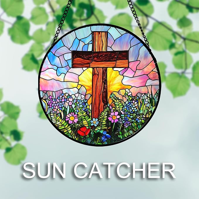 JOSUMALY Christian Gifts for Women - Cross Stained Glass Window Hanging Jesus Easter Colorful Wildflowers Sun Catcher Garden Religion Decor Mother's Day Catholic Gift for Men Grandma Mom Her 15"