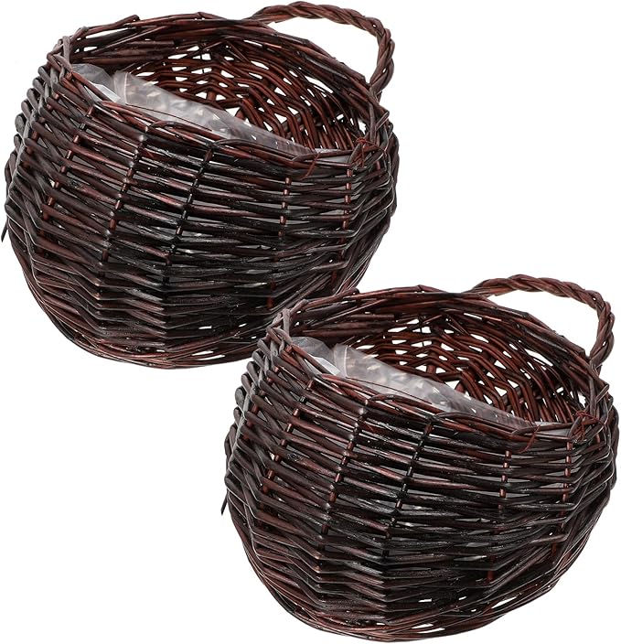 DOITOOL 2Pcs Dark Brown Rattan Wicker Hanging Baskets for Wall 9.05X7.08X3.54 Inch Indoor Outdoor Planters for Flowers and Greenery Home Garden Decor