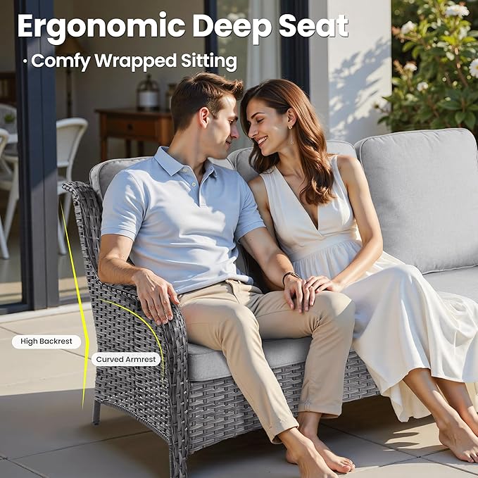 ovios 6 Pieces Patio Furniture Set, Outdoor Wicker Sofa Couch with Swivel Chairs Ottomans Comfy Cushions, High Back Modern All Weather Conversation Sets, Grey Rattan, Grey