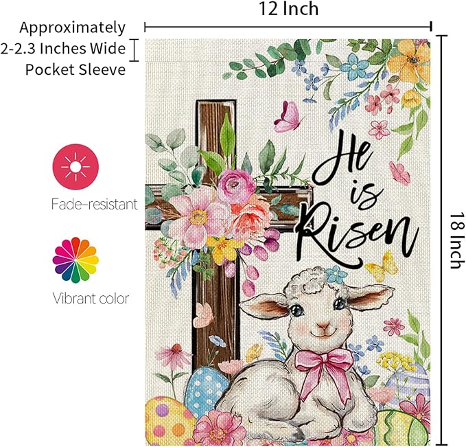 CROWNED BEAUTY Easter Garden Flag He is Risen Cross 12x18 Inch Double Sided Floral Holiday Decoration for Outdoor Lawn Yard