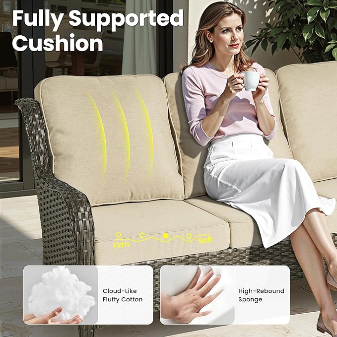 ovios 8 Pieces Patio Furniture Set, Outdoor Wicker Sofa Couch with Swivel Chairs 42" Fire Pit Table, High Back Modern All Weather Conversation Sets, Brown Rattan, Beige