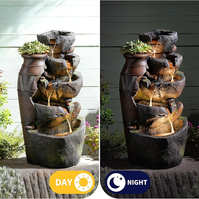 5 Tiered Rock Water Fountain Outdoor with Vintage Jar, Cascading Waterfall Fountain with LED Lights, Outdoor Fountains for Garden or Patio, Yard, and Deck Decor, 16.5" L x 12.6" W x 31.7" H